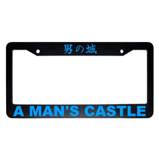 A Man's Castle ABS Black Plastic Kanji Japanese License Plate Frame - Blue Text