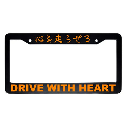 Drive With Heart ABS Black Plastic Kanji Japanese License Plate Frame - Orange Text