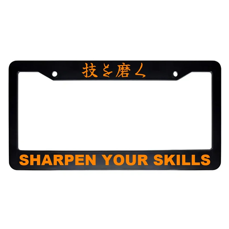 Sharpen Your Skills ABS Black Plastic Kanji Japanese License Plate Frame - Orange Text