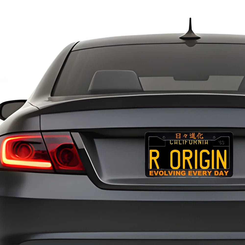 Evolving Every Day ABS Black Plastic Kanji Japanese License Plate Frame installed on car - Orange Text