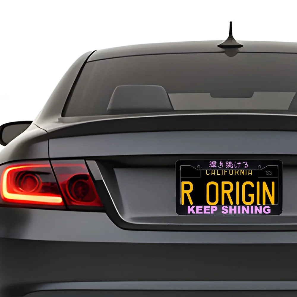 Keep Shining ABS Black Plastic Kanji Japanese License Plate Frame installed on car - Pink Text