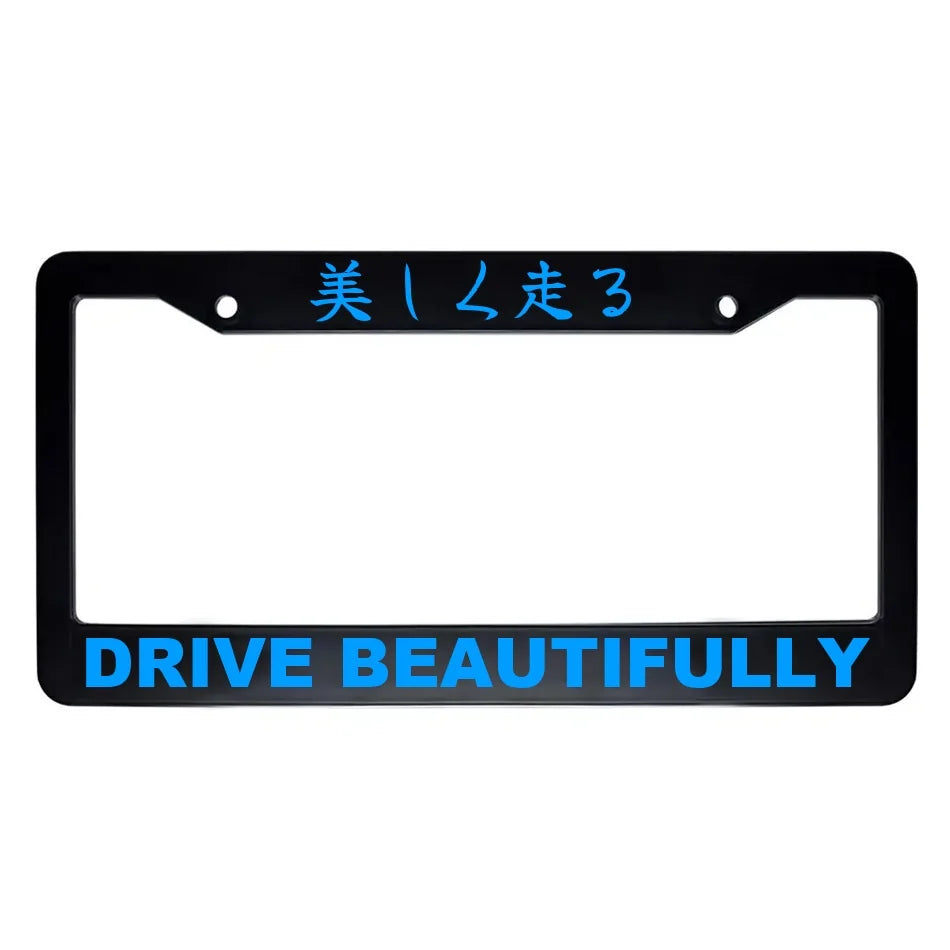 Drive Beautifully ABS Black Plastic Kanji Japanese License Plate Frame - Blue Text