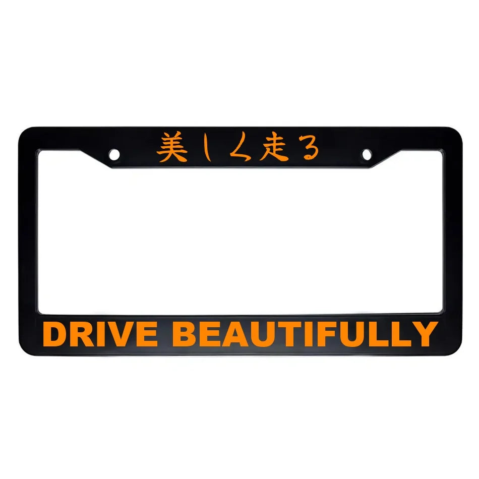Drive Beautifully ABS Black Plastic Kanji Japanese License Plate Frame - Orange Text