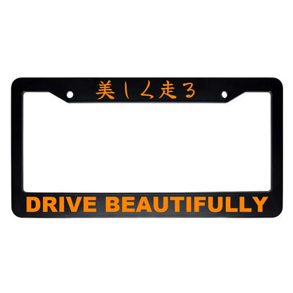 Drive Beautifully ABS Black Plastic Kanji Japanese License Plate Frame - Orange Text