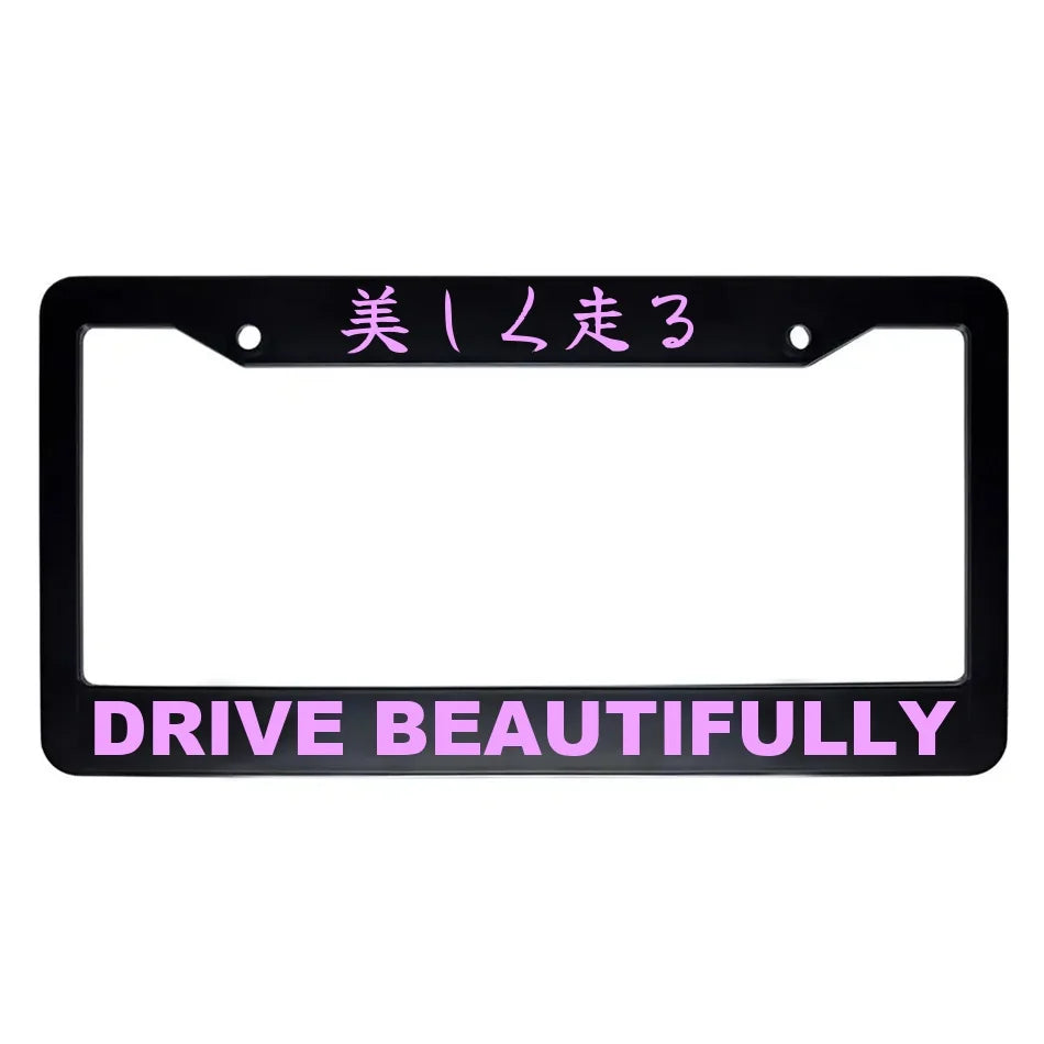 Drive Beautifully ABS Black Plastic Kanji Japanese License Plate Frame - Pink Text