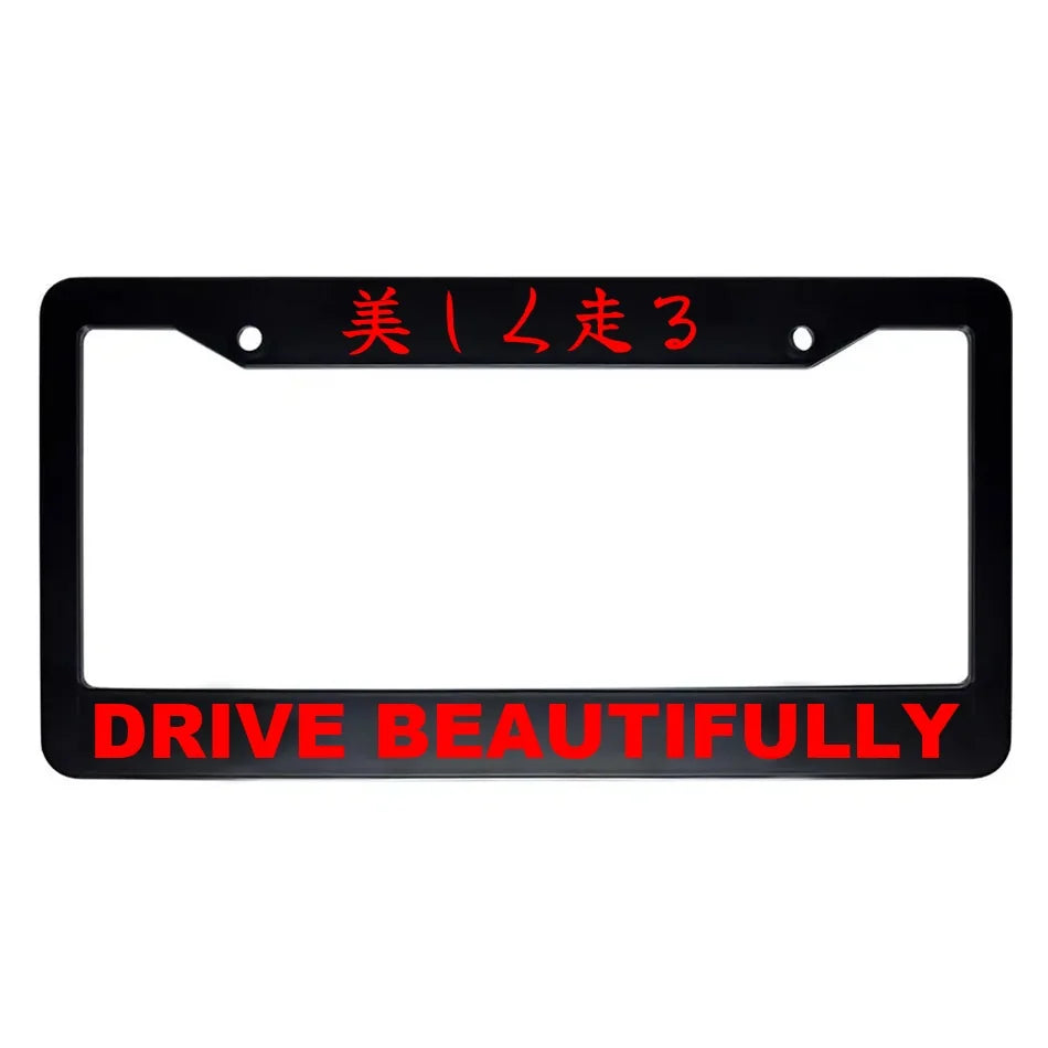 Drive Beautifully ABS Black Plastic Kanji Japanese License Plate Frame - Red Text