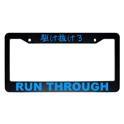 Run Through ABS Black Plastic Kanji Japanese License Plate Frame - Blue Text