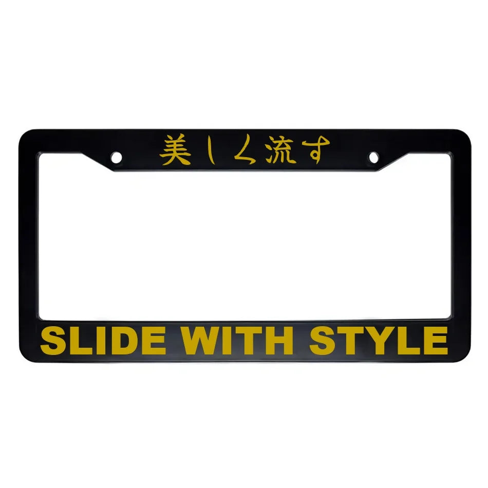 Slide With Style ABS Black Plastic Kanji Japanese License Plate Frame - Gold Text