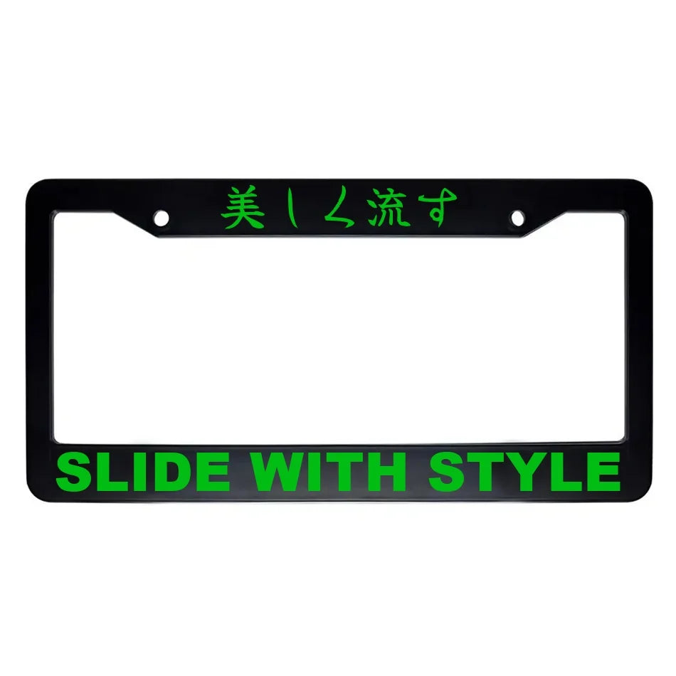 Slide With Style ABS Black Plastic Kanji Japanese License Plate Frame - Green Text