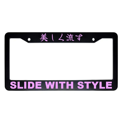 Slide With Style ABS Black Plastic Kanji Japanese License Plate Frame - Pink Text