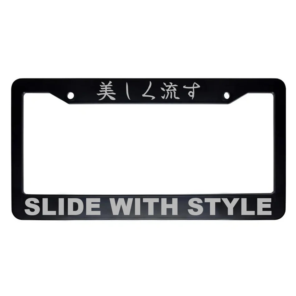 Slide With Style ABS Black Plastic Kanji Japanese License Plate Frame - Silver Text
