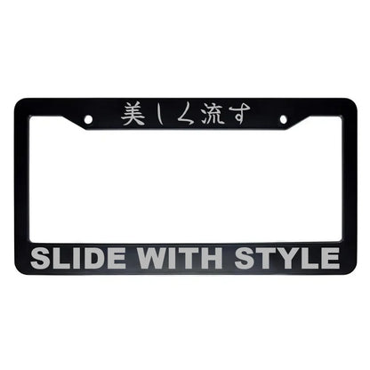 Slide With Style ABS Black Plastic Kanji Japanese License Plate Frame - Silver Text