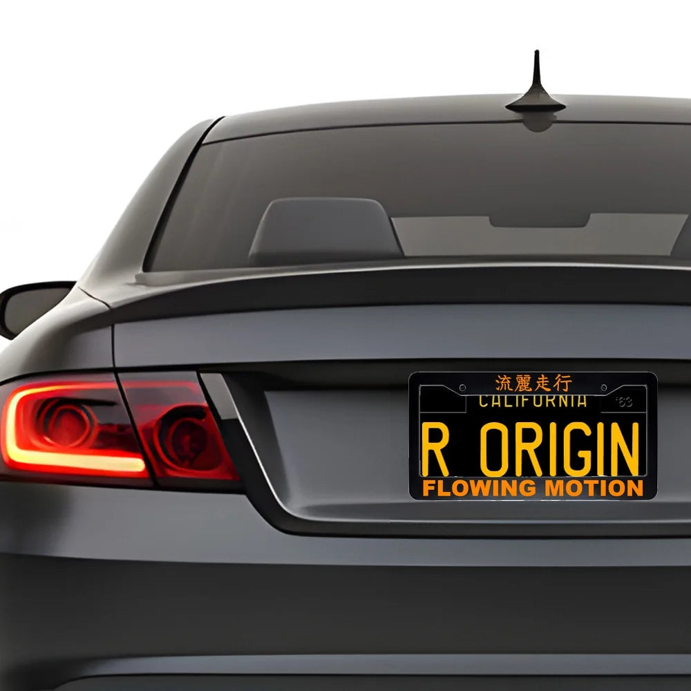 Flowing Motion ABS Black Plastic Kanji Japanese License Plate Frame installed on car - Orange Text