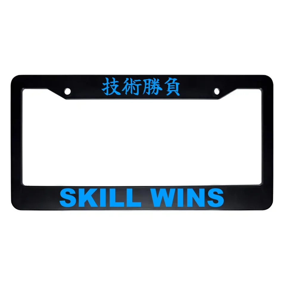 Skill Wins ABS Black Plastic Kanji Japanese License Plate Frame - Blue Text