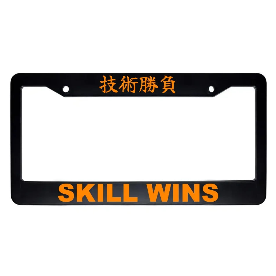 Skill Wins ABS Black Plastic Kanji Japanese License Plate Frame - Orange Text
