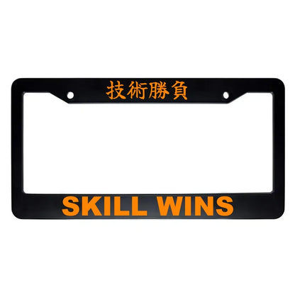 Skill Wins ABS Black Plastic Kanji Japanese License Plate Frame - Orange Text