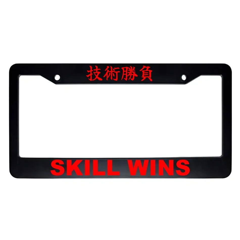 Skill Wins ABS Black Plastic Kanji Japanese License Plate Frame - Red Text