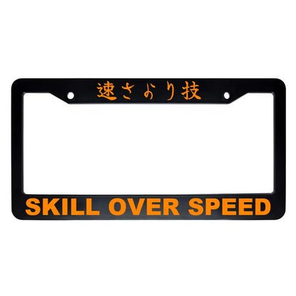 Skill Over Speed ABS Black Plastic Kanji Japanese License Plate Frame - Orange Text