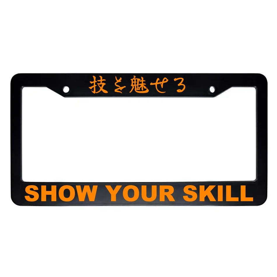 Show Your Skill ABS Black Plastic Kanji Japanese License Plate Frame - Orange Text