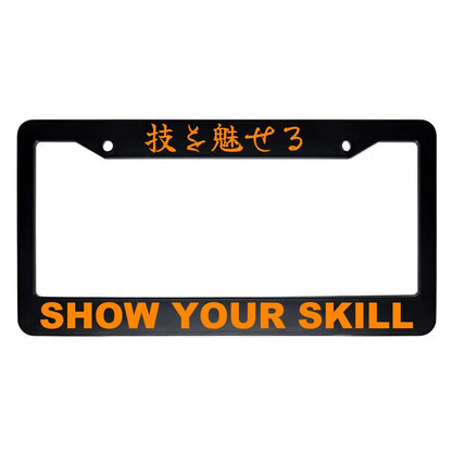 Show Your Skill ABS Black Plastic Kanji Japanese License Plate Frame - Orange Text