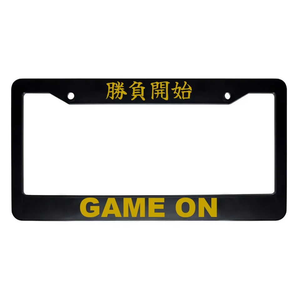 Game on ABS Black Plastic Kanji Japanese License Plate Frame - Gold Text