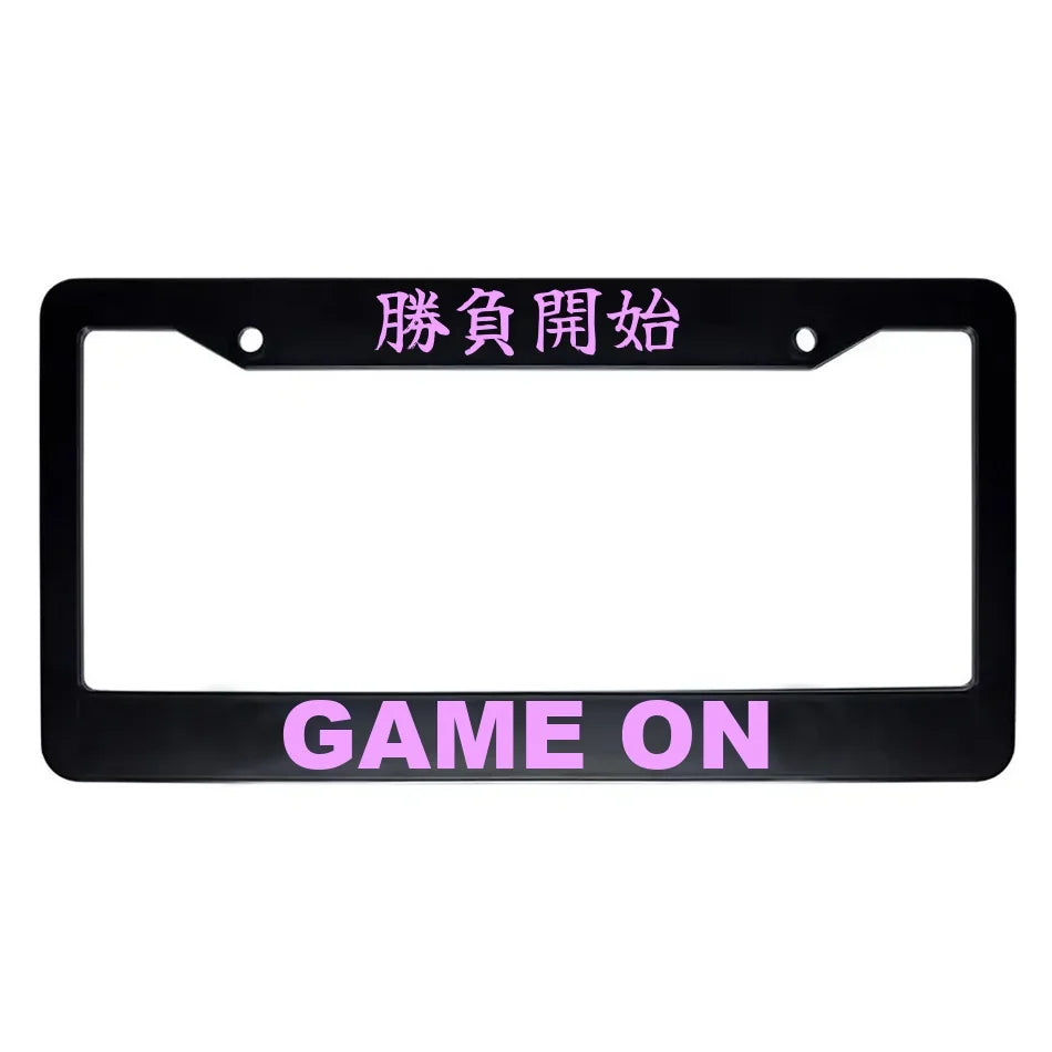Game on ABS Black Plastic Kanji Japanese License Plate Frame - Pink Text