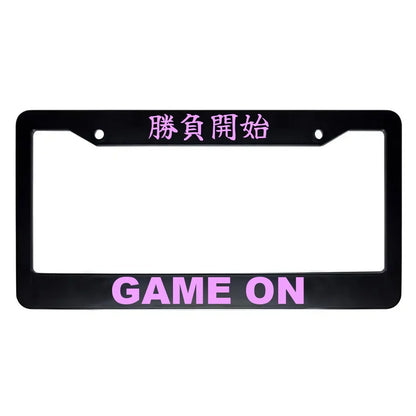 Game on ABS Black Plastic Kanji Japanese License Plate Frame - Pink Text