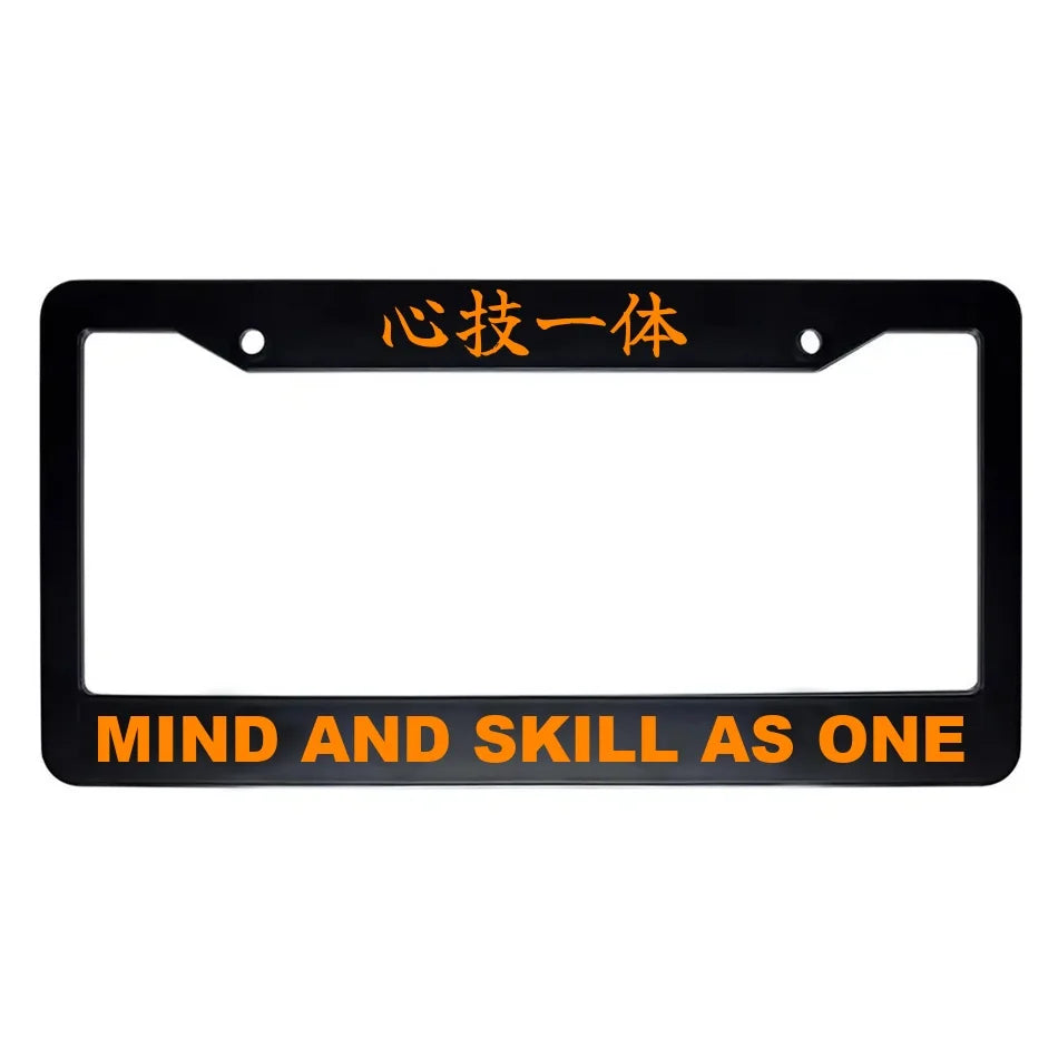 Mind and Skill as One ABS Black Plastic Kanji Japanese License Plate Frame - Orange Text