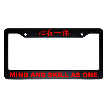 Mind and Skill as One ABS Black Plastic Kanji Japanese License Plate Frame - Red Text