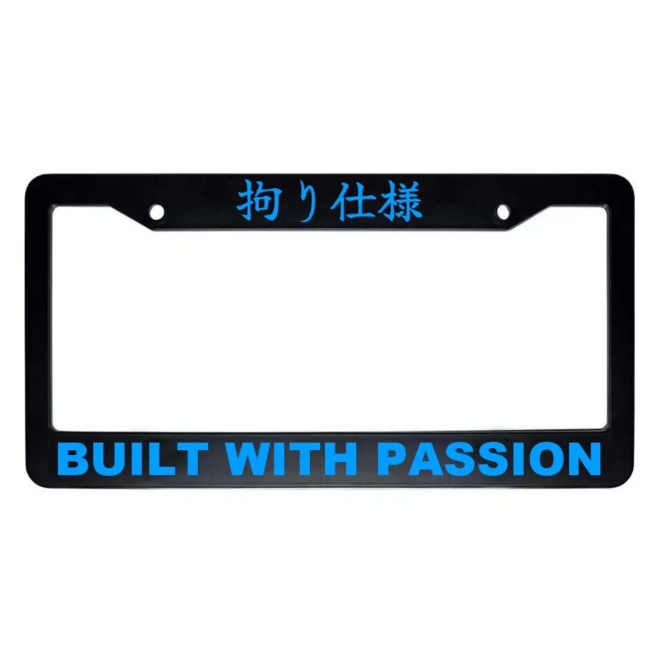 Built With Passion ABS Black Plastic Kanji Japanese License Plate Frame - Blue Text