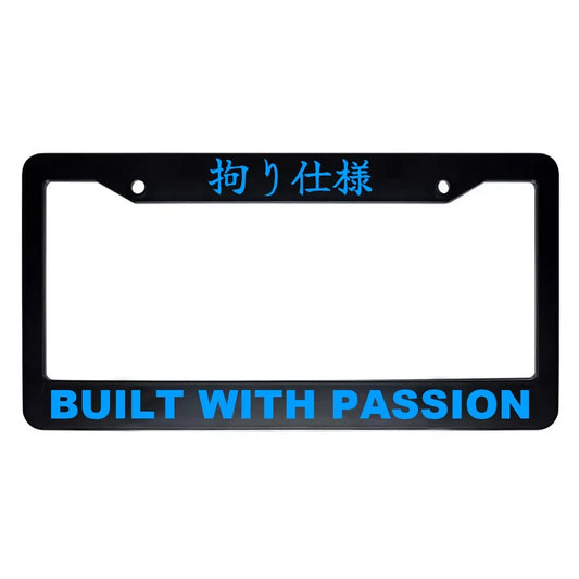 Built With Passion ABS Black Plastic Kanji Japanese License Plate Frame - Blue Text