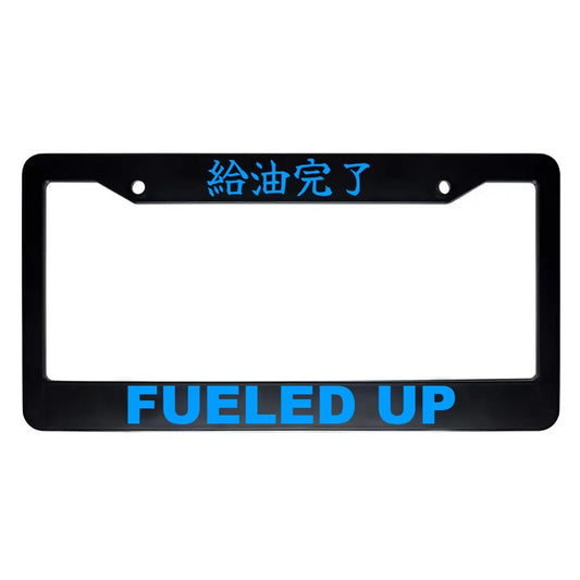 Fueled Up ABS Black Plastic Kanji Japanese License Plate Frame - Blue Text