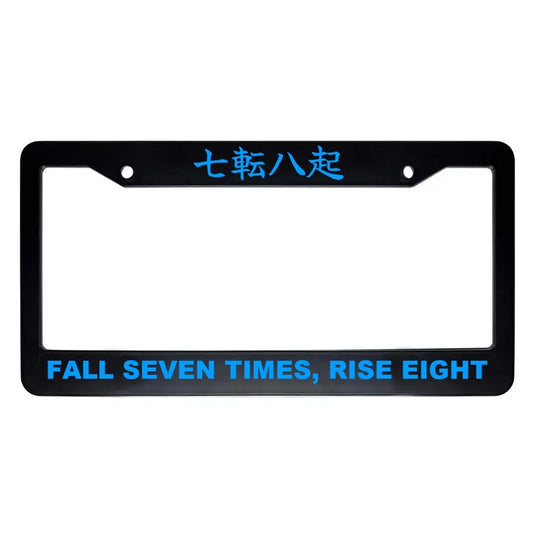 Fall Seven Times, Rise Eight ABS Black Plastic Kanji Japanese License Plate Frame - Blue Text
