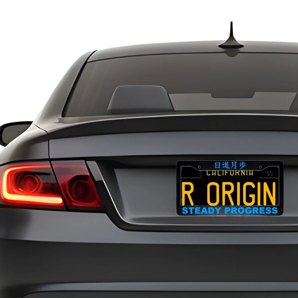 Steady Progress ABS Black Plastic Kanji Japanese License Plate Frame installed on car - Blue Text