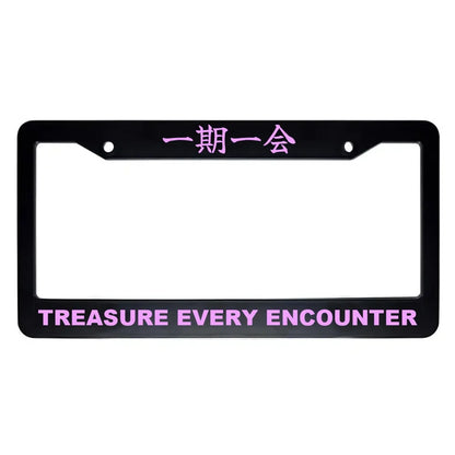 Treasure Every Encounter ABS Black Plastic Kanji Japanese License Plate Frame - Pink Text