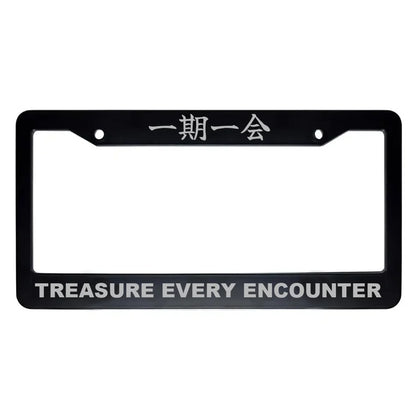 Treasure Every Encounter ABS Black Plastic Kanji Japanese License Plate Frame - Silver Text