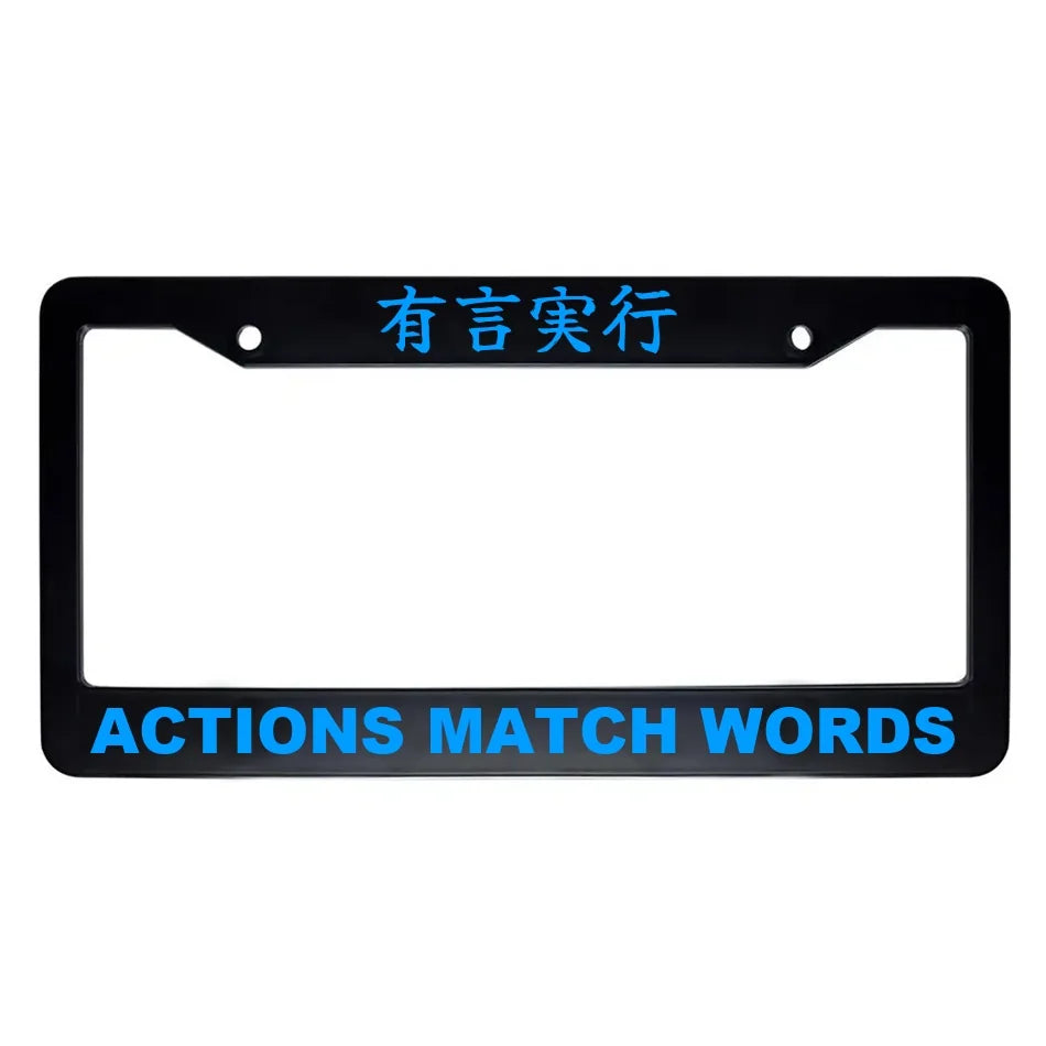 Actions Match Words ABS Black Plastic Kanji Japanese License Plate Frame - Blue Text