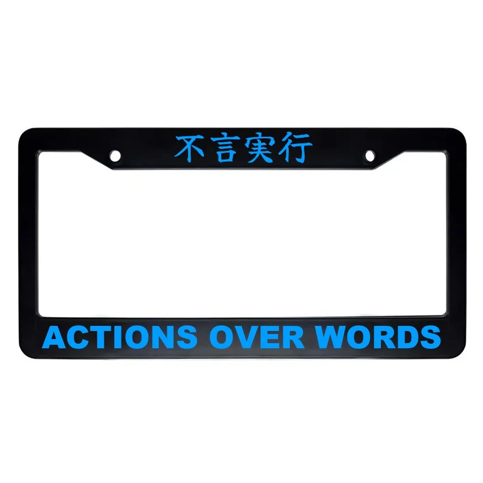 Actions Over Words ABS Black Plastic Kanji Japanese License Plate Frame - Blue Text