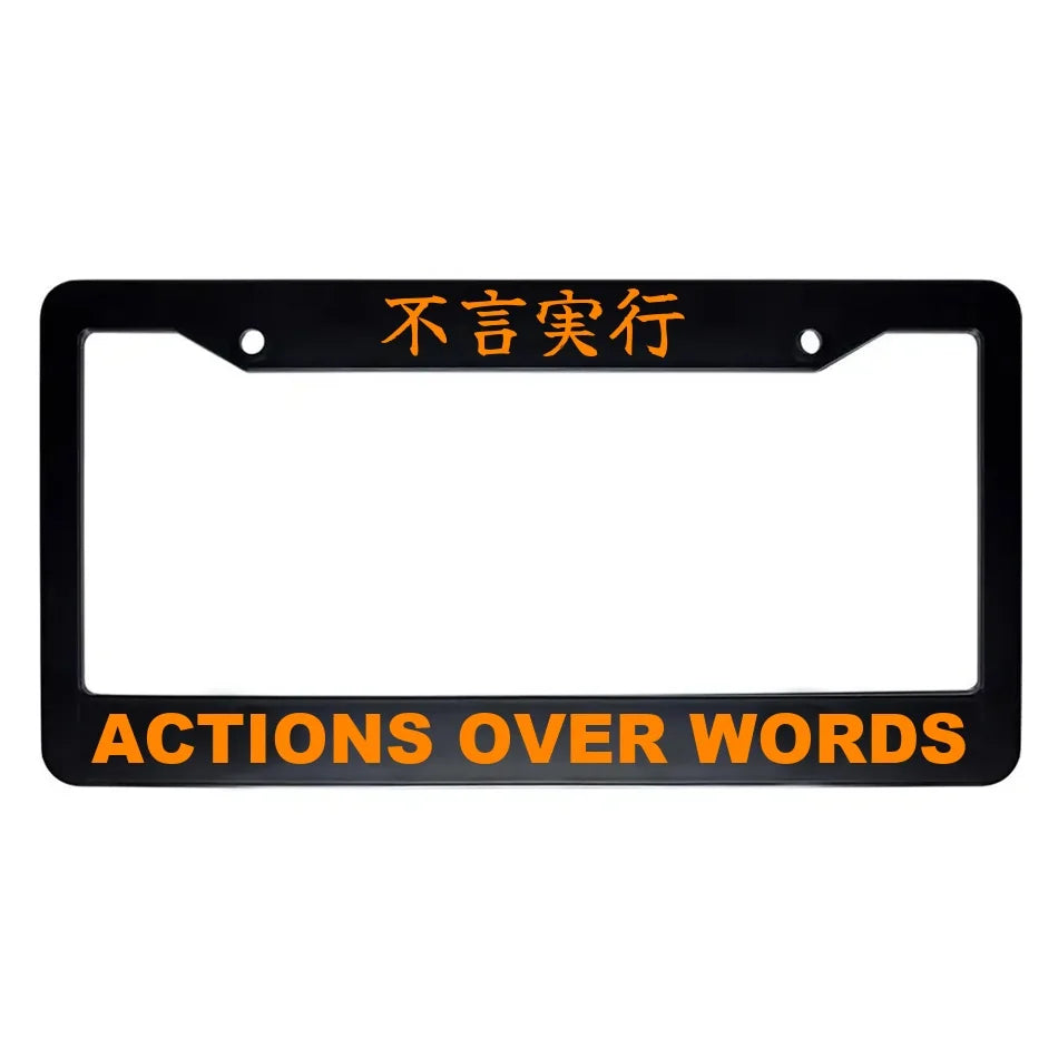 Actions Over Words ABS Black Plastic Kanji Japanese License Plate Frame - Orange Text