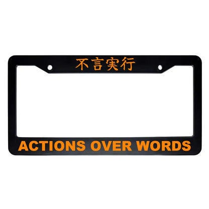 Actions Over Words ABS Black Plastic Kanji Japanese License Plate Frame - Orange Text
