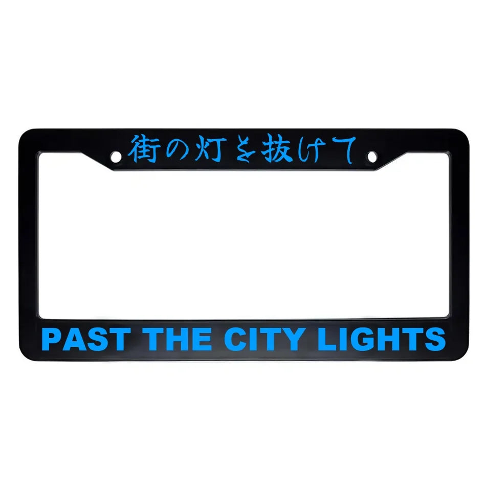 Past the City Lights ABS Black Plastic Kanji Japanese License Plate Frame - Blue Text