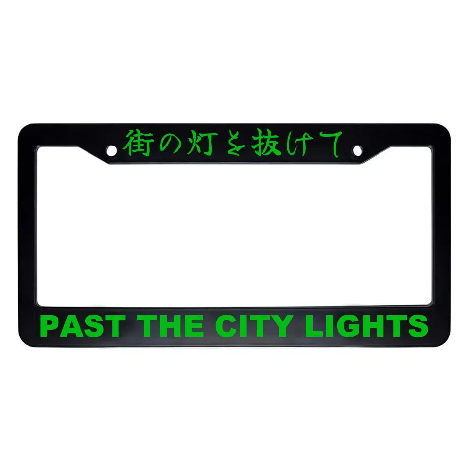 Past the City Lights ABS Black Plastic Kanji Japanese License Plate Frame - Green Text