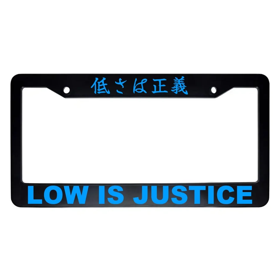 Low Is Justice ABS Black Plastic Kanji Japanese License Plate Frame - Blue Text