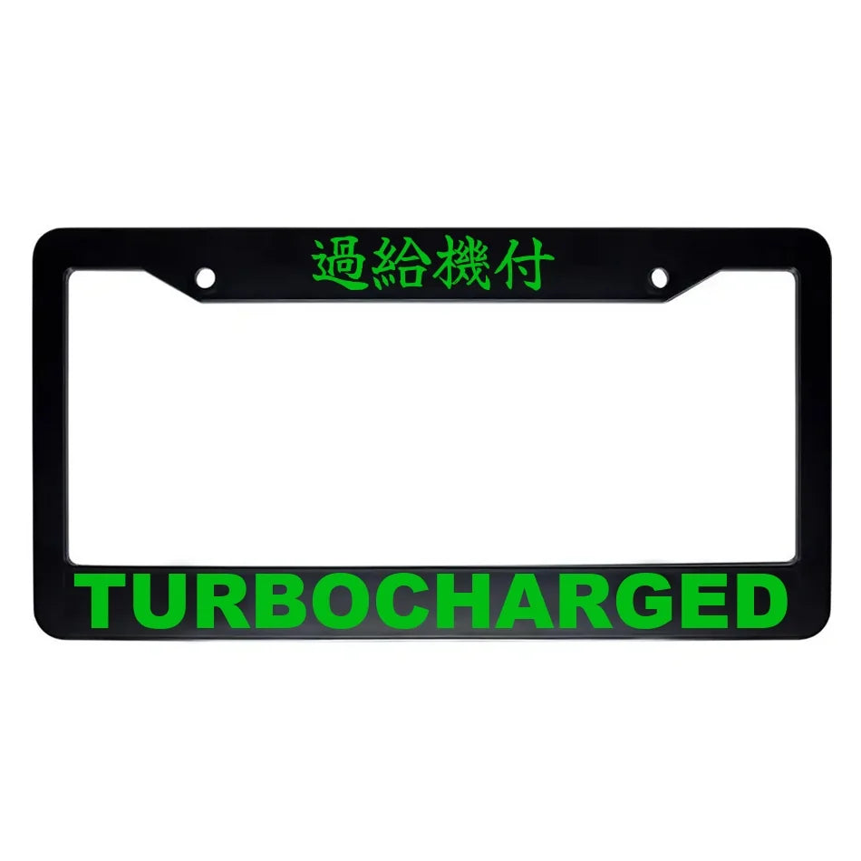 Turbocharged ABS Black Plastic Kanji Japanese License Plate Frame - Green Text