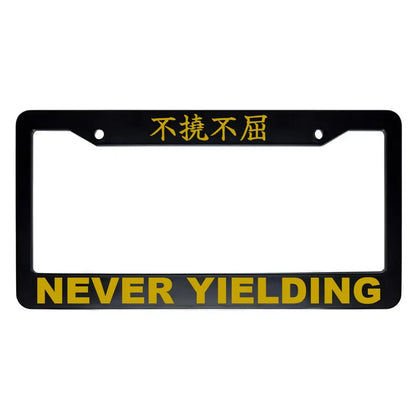 Never Yielding ABS Black Plastic Kanji Japanese License Plate Frame - Gold Text