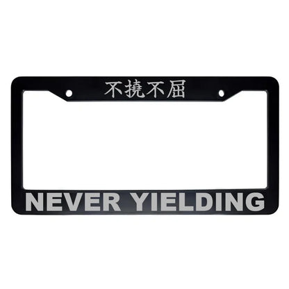 Never Yielding ABS Black Plastic Kanji Japanese License Plate Frame - Silver Text