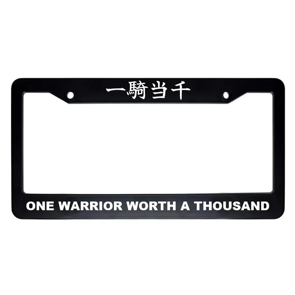 One Warrior Worth a Thousand ABS Black Plastic Kanji Japanese License Plate Frame - White Text