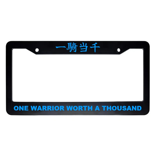One Warrior Worth a Thousand ABS Black Plastic Kanji Japanese License Plate Frame - Blue Text