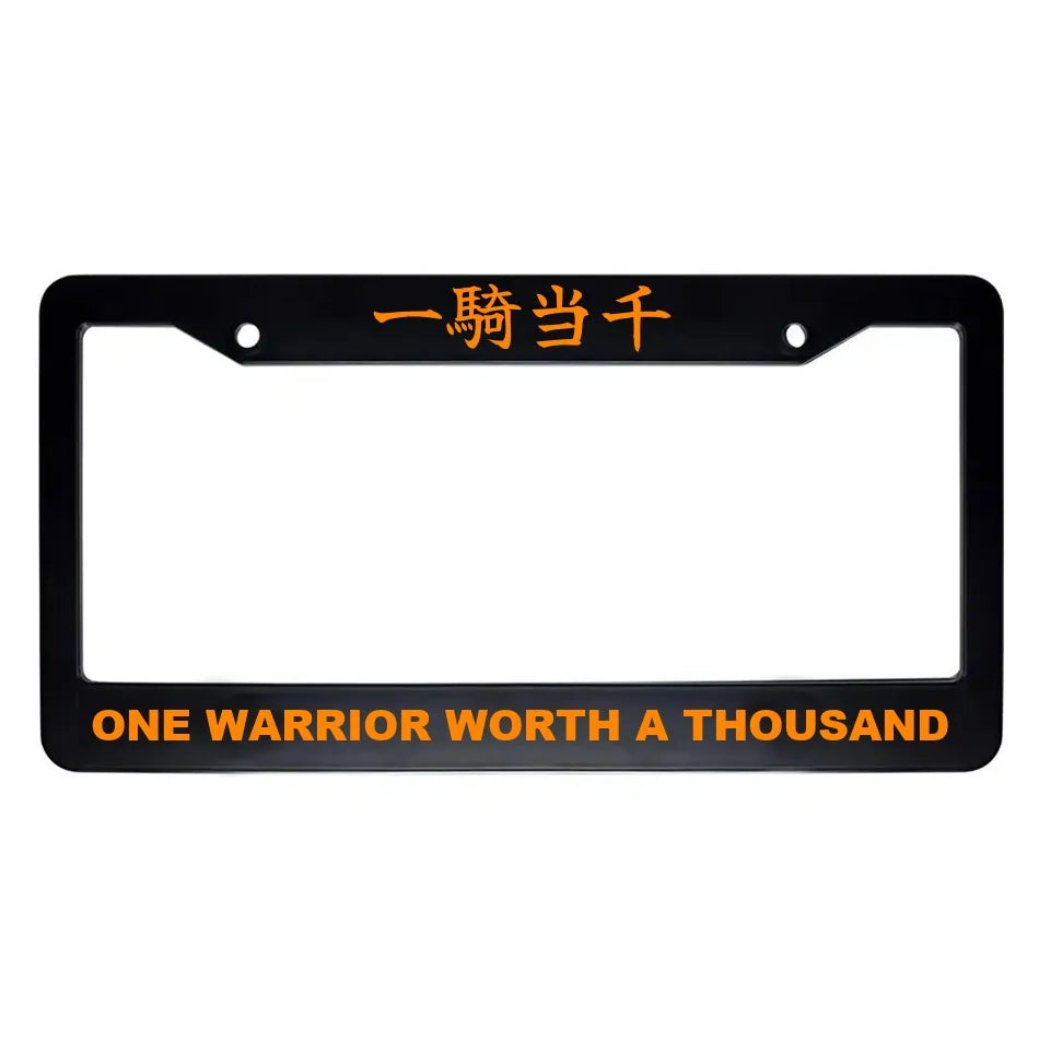 One Warrior Worth a Thousand ABS Black Plastic Kanji Japanese License Plate Frame - Orange Text