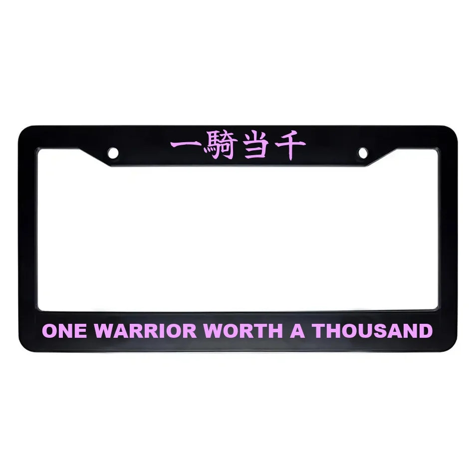 One Warrior Worth a Thousand ABS Black Plastic Kanji Japanese License Plate Frame - Pink Text